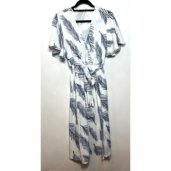 Cupshe Belted Abstract Leaf Print Midi Dress White & Navy Blue Wrap Style Large - Picture 4 of 10